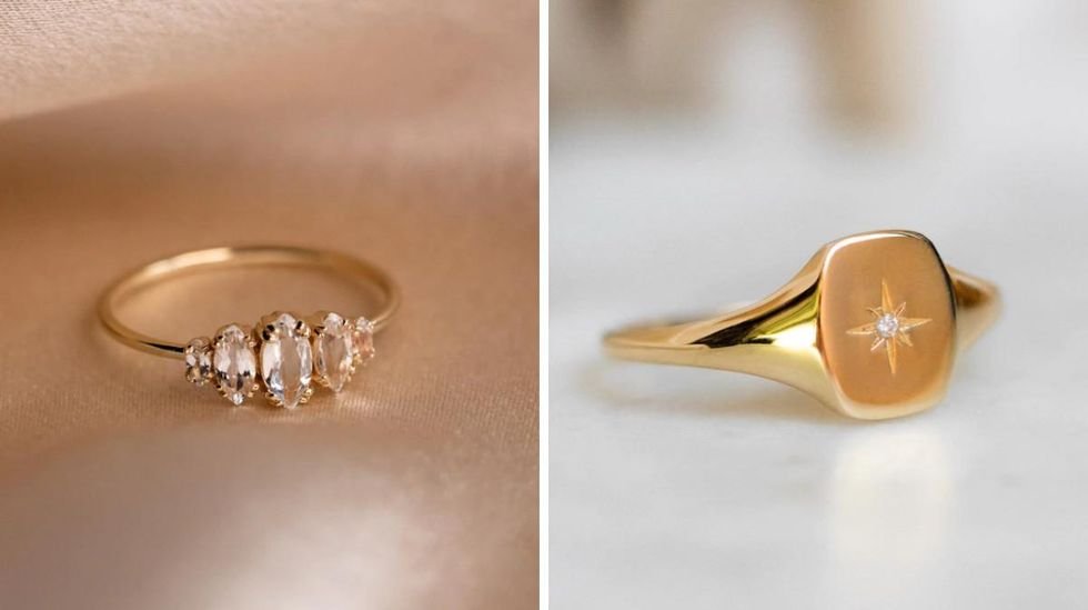 Maeve's Solid Gold Diamond Star Signet Ring, Right: Alex's Solid Gold Diamond Star Signet Ring