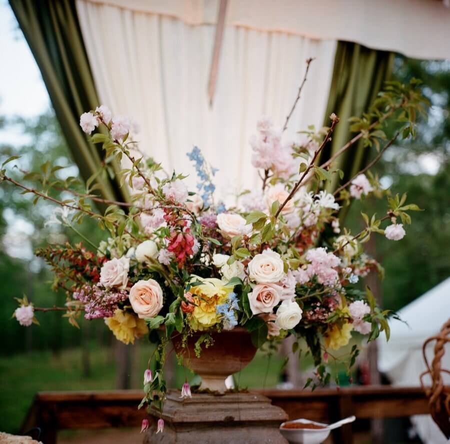 Flowers on a wedding reception table.