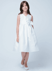 White V-Neck Poly Dupioni Flower Girl Dress with a Bow