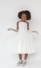 beaded mini flower girl ballgown with a bateau neckline and tiered tulle skirt