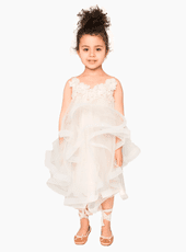 Floral bead embellished multi layer tulle ivory dress