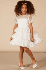 flower girl dress with cascading ruffled tiers and short sleeves