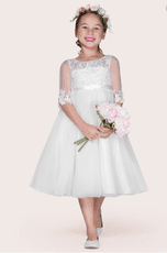 Tea-length flower girl dress with an illusion neckline lace bodice