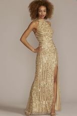 Sequin Halter Neck Gown with Skirt Slit