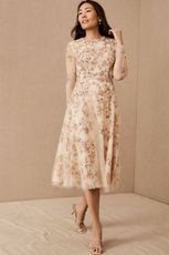 printed floral midi dress with beading and sequin