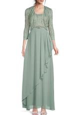Floral Lace Embellished Waist Ruffled 3/4 Sleeve Scoop Neck Chiffon 2-Piece Jacket Gown