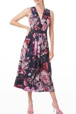 Pleated Floral-Print Midi Dress w/ Belt