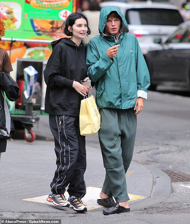 Cool kids: Jordan Barrett and Meadow Rain Walker headed out to a lunch date at an upmarket New York eatery on Friday. Both pictured